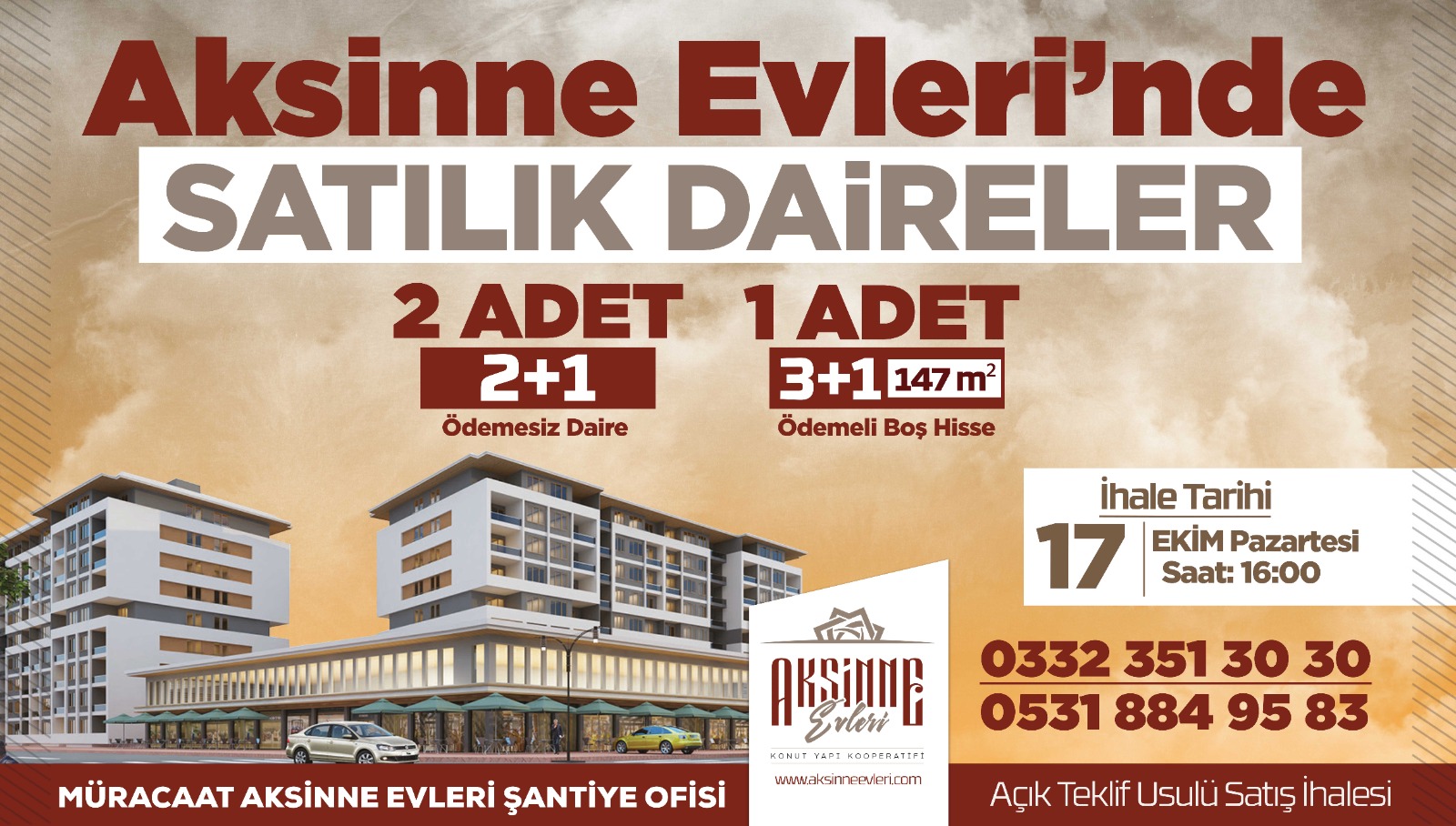 AKSİNNE KOOPERATİFİNDEN SATILIK DAİRELER VE 147 M2 BOŞ HİSSE